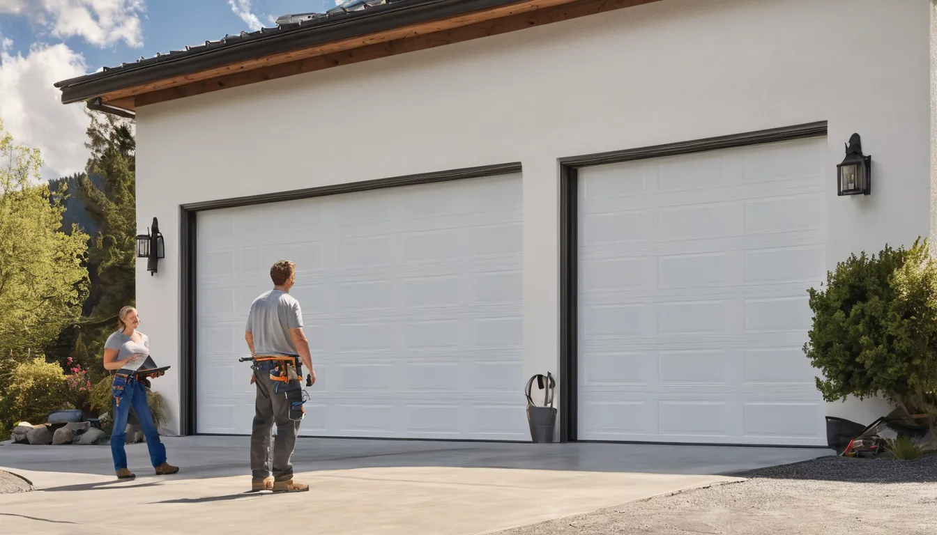 A provider fitting a new insulated garage door on a home in Salt Lake City