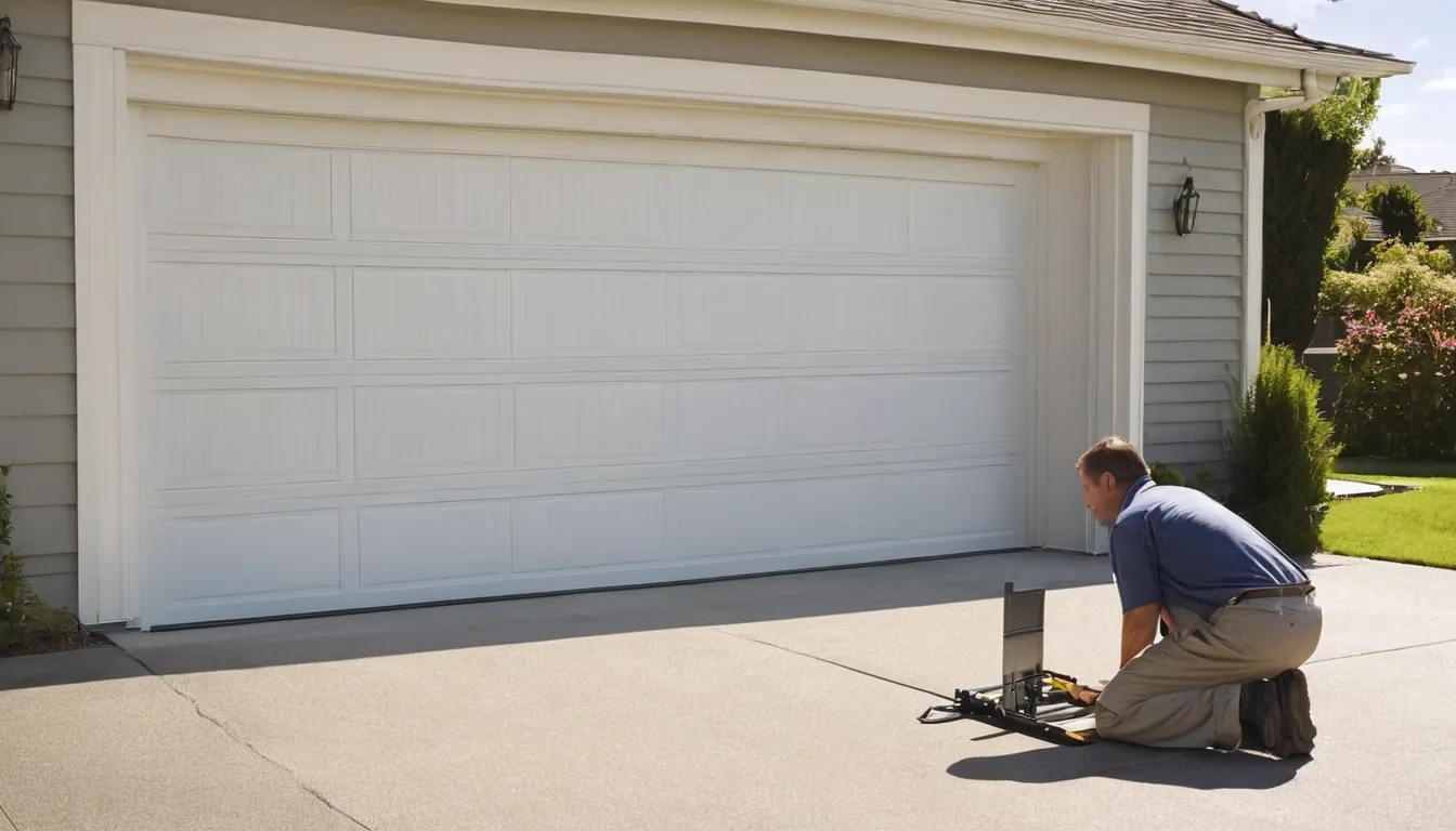 Friendly provider inspecting a garage door spring and track at a Salt Lake City home
